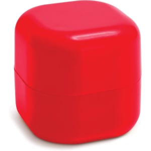 A red, square-shaped container with a glossy finish, featuring a lid that fits snugly on top.
