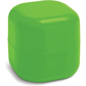 A green, square-shaped lip balm container with a glossy finish and a simple design. It features a logo.