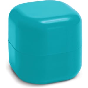 A teal lip balm container with a rounded square shape and a subtle shine. It features branding on the surface.