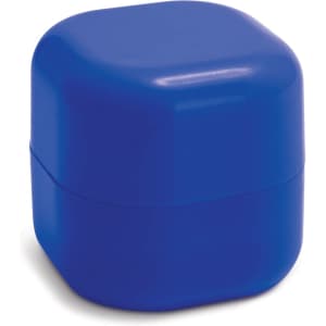 A blue lip balm container with a rounded square shape and a logo on the front.