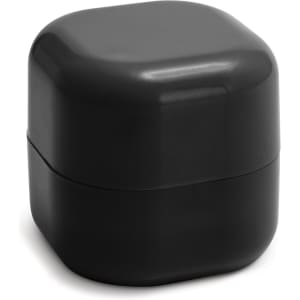 A round, black container with a smooth finish, featuring a slightly rounded top and a separate lid.