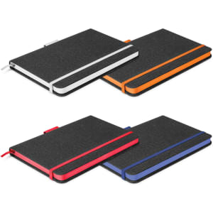 A set of three two-tone notebooks in black with white, orange, and blue accents, featuring elastic closures and branding.