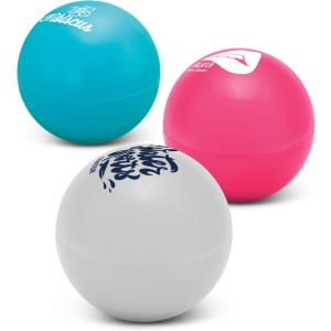 Three round lip balm containers in teal, pink, and white, featuring different logos on each ball.