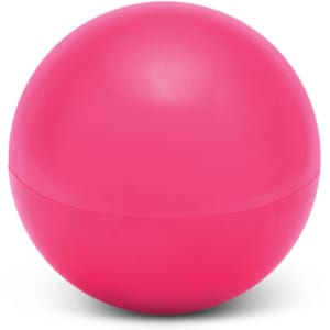 A bright pink lip balm ball, designed to look spherical and compact.