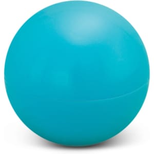 A teal spherical lip balm container with a smooth exterior, designed for easy carrying and application.
