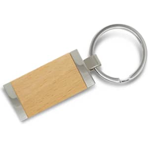 A wooden key ring with metal accents and a circular metal ring, featuring a natural wood finish.