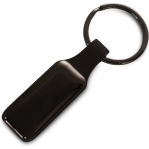 A rectangular key ring in black with a smooth finish and a metal ring attachment.