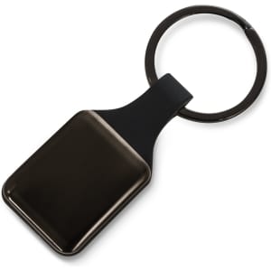 A sleek black square key ring featuring a smooth, glossy surface and a sturdy metal ring for attachment.