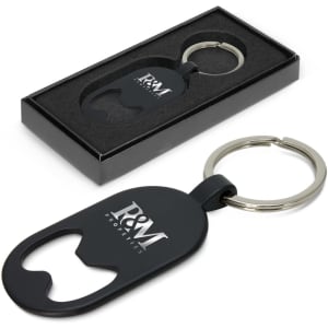 A drink bottle opener key ring in black, displayed in a box with an insert, featuring a logo on the opener.