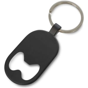 A black bottle opener key ring featuring a circular keychain and a bottle opener design. It includes a logo.