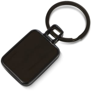 A black key ring featuring a rectangular tag and a circular attachment loop. The tag has a smooth surface.