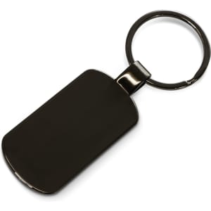 A sleek black key ring with a rectangular tag and a metal circular attachment.