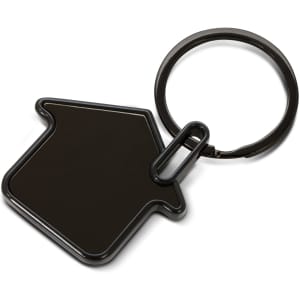 A house-shaped key ring in black, featuring a circular metal keychain. It has a sleek and simple design.