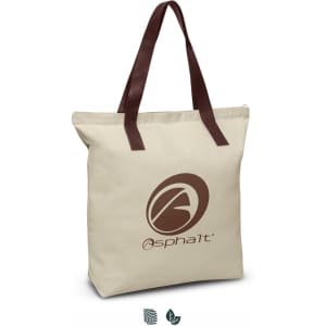 A cream tote bag with brown handles and a logo on the front.