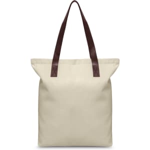 A cream tote bag with brown leather handles and a logo on the front.