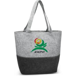 A grey and dark grey tote bag with a logo on the front and two sturdy handles.
