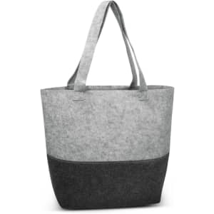 A grey and dark grey felt tote bag with two sturdy handles and a simple design. Features a branded logo.