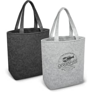 Two tote bags in grey and black, made from felt material, featuring an emblem and two handles each.