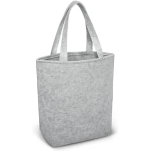 A gray felt tote bag with two handle straps and a structured shape.