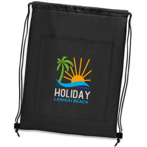 A black drawstring cooler backpack featuring a logo with a sun, palm tree, and waves.