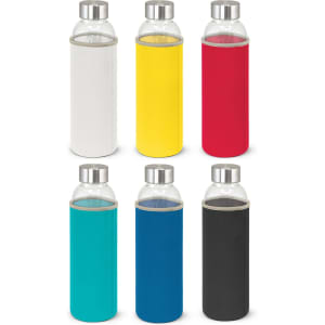 A drink bottle collection featuring six bottles with neoprene sleeves in white, yellow, red, teal, blue, and black. Each has a logo.