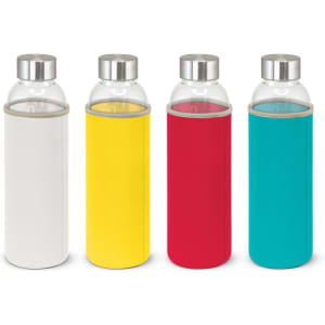 A drink bottle collection featuring four bottles with neoprene sleeves in white, yellow, red, and turquoise, each with a silver lid.