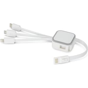 A sleek white Cypher Charging Cable featuring multiple connectors for different devices, with a compact design.