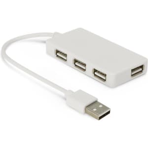 A white USB hub with four ports and a connecting cable. It features a simple, compact design.