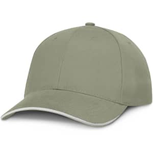 A cap in a muted green shade with a white trim and a curved brim. It features a branded logo.