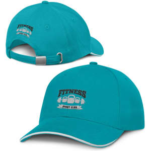A cap in turquoise with white trim, featuring an embroidered logo, displayed from multiple angles.