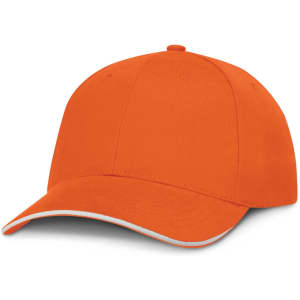A cap featuring a vibrant orange color with a white trim.