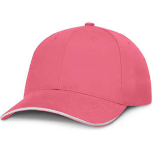 A cap in vibrant pink with a white trim, featuring a rounded peak and a logo.