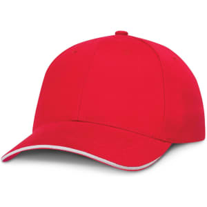 A red cap with a white trim, designed for headwear.
