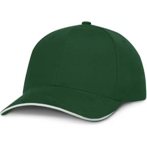 A green cap with a white trim and a branded logo on the front, featuring a curved brim and a structured design.