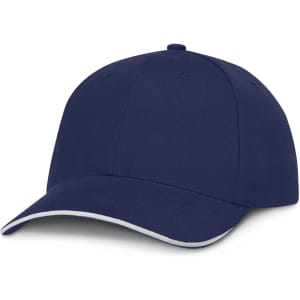 A cap with a navy blue body and white trim.