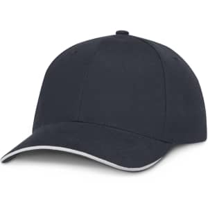 A black cap with a white trim, featuring a curved brim and a logo on the front.