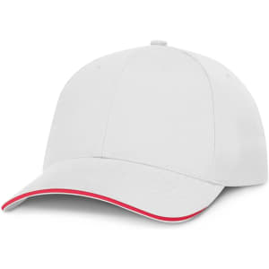 A white cap with a red accent on the brim, designed for headwear promotions.