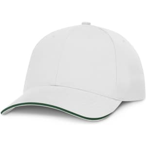 A white cap featuring a contrasting green trim on the brim.