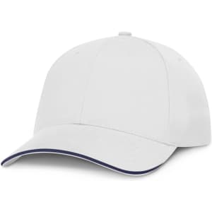 A white cap with a dark trim and a logo on the front.