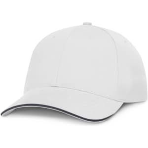 A white cap with a curved brim, featuring a sleek design suitable for various occasions.