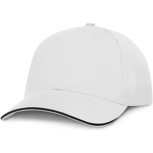 A white cap with a contrasting black brim, designed for versatile headwear.