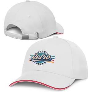 A white cap featuring a logo on the front and a strapback closure at the rear, with contrasting details.