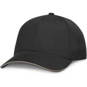 A black cap featuring a classic design with a curved brim and an adjustable strap.