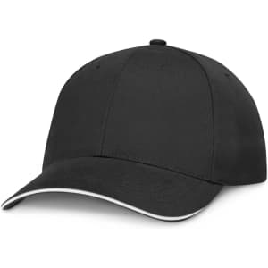 A black cap featuring a classic design with a curved brim and contrasting trim.