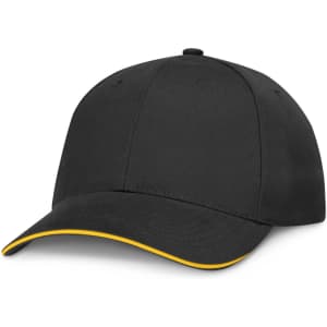 A black cap with a curved visor and yellow trim.
