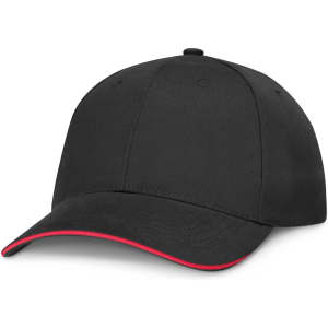 A black cap featuring a contrasting red visor.