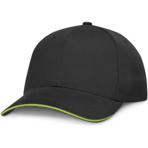 A black cap with a contrasting green trim.