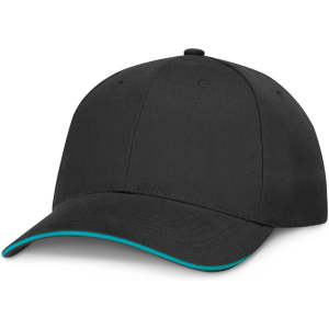 A black cap with a curved brim and contrasting turquoise trim along the edge.