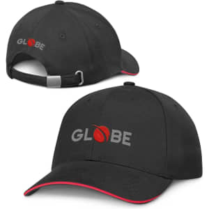 A black cap with a contrasting red trim and a logo on the front. Features an adjustable strap at the back.
