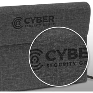A Stanford Notebook with a dark gray fabric cover featuring the embossed logo of "Cyber Security Group."